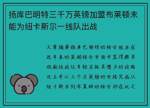 扬库巴明特三千万英镑加盟布莱顿未能为纽卡斯尔一线队出战