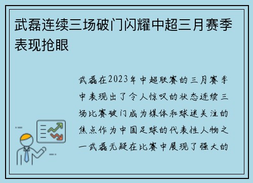 武磊连续三场破门闪耀中超三月赛季表现抢眼